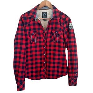 BRP Ski-Doo Mens Flannel Shirt XS Red Blue Plaid Sherpa Fleece Jacket Shacket